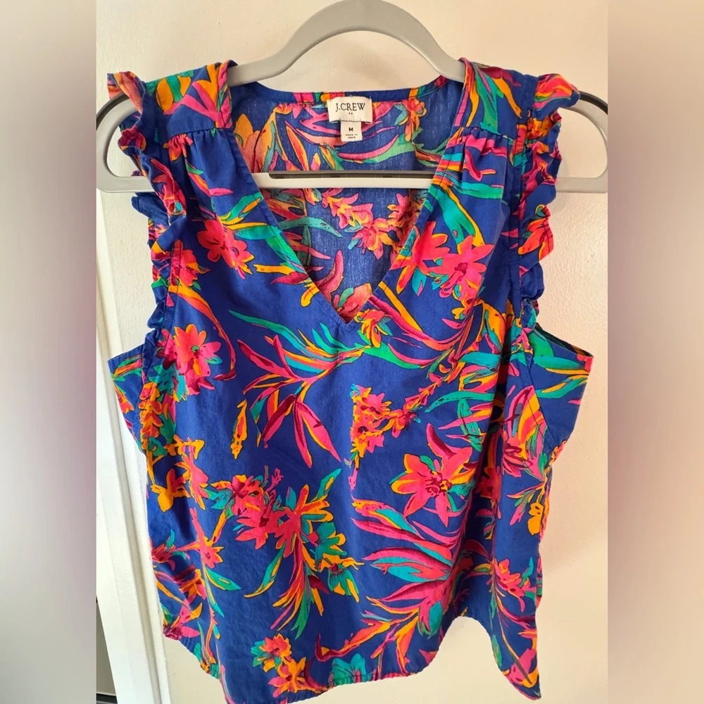 J Crew Bright blue and pink Tropical Floral Ruffle Sleeve cotton Top - Medium